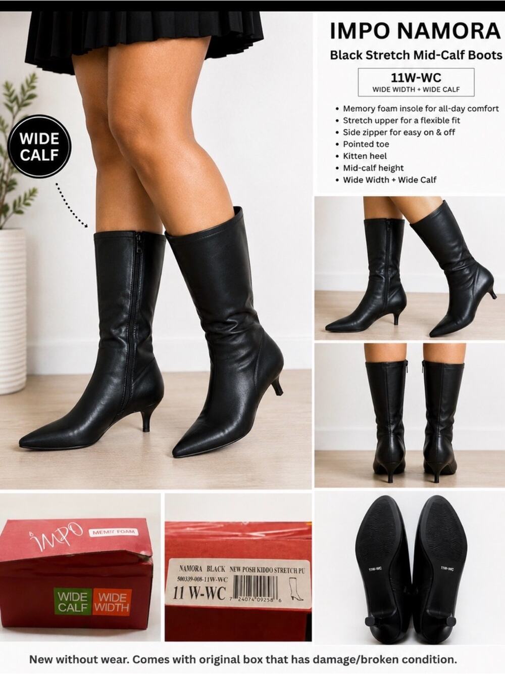 Impo Namora Black Stretch Mid-Calf Boots Wide Calf Memory Foam 11W-WC NWB